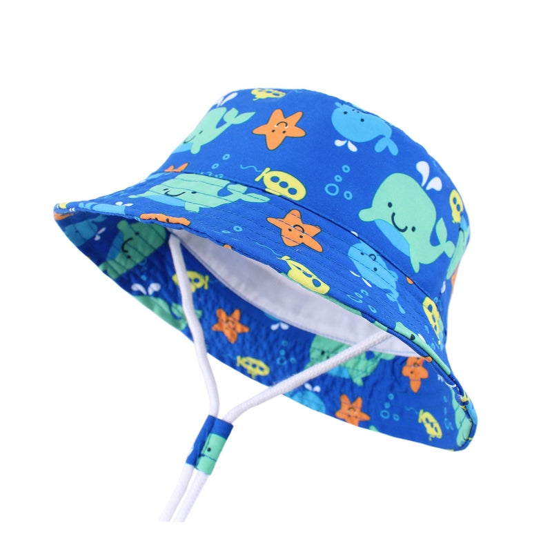 LANGZHEN Sun Protection Hat for Kids Toddler Boys Girls Wide Brim Summer Outdoor hat Baby Bucket Hat with Chin Strap (Blue-Whale, M: 1T-2T (50cm /19.7")) - Image 1